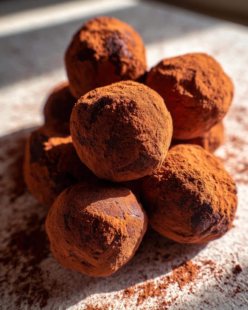 A close-up pile of rich chocolate truffles generously dusted with cocoa powder.