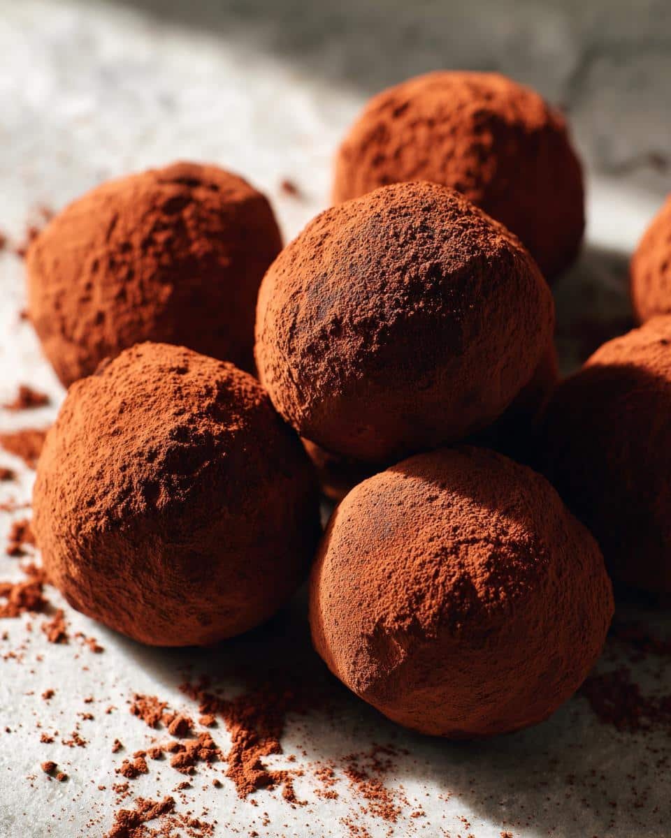 A close-up of several rich chocolate truffles generously dusted with cocoa powder.