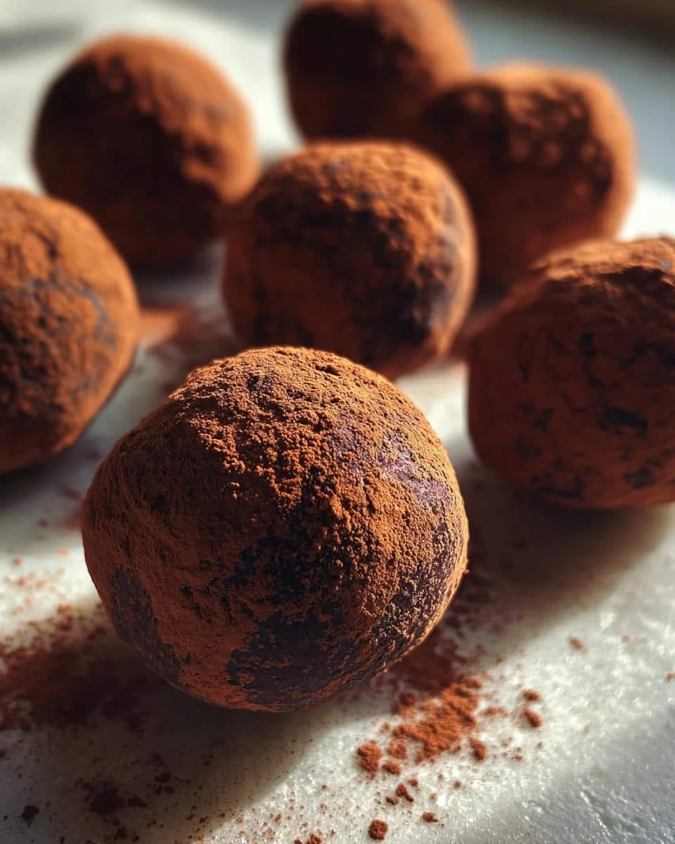 A close-up of several rich chocolate truffles generously dusted with cocoa powder, perfect for holiday treats.