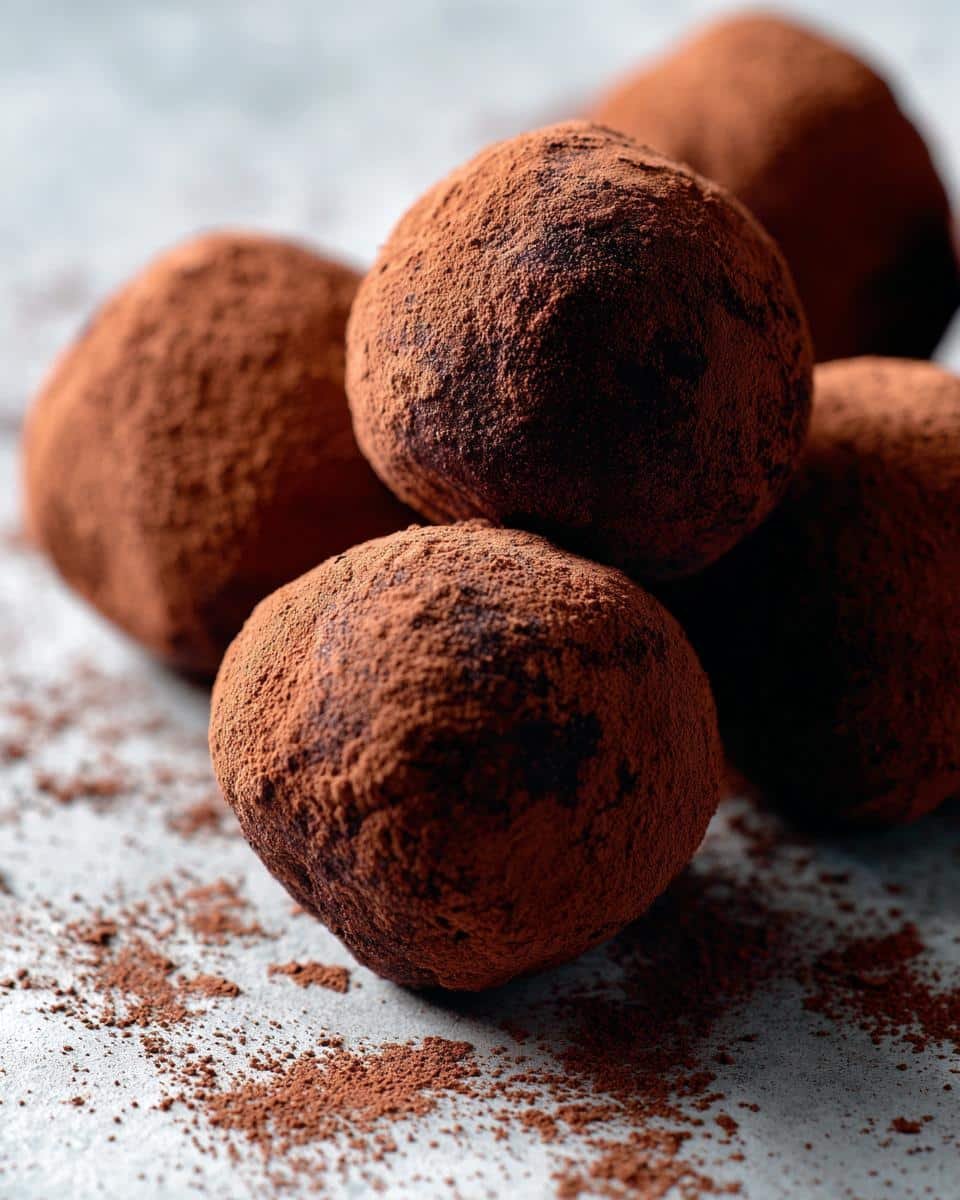 A close-up of several rich chocolate truffles generously dusted with cocoa powder.