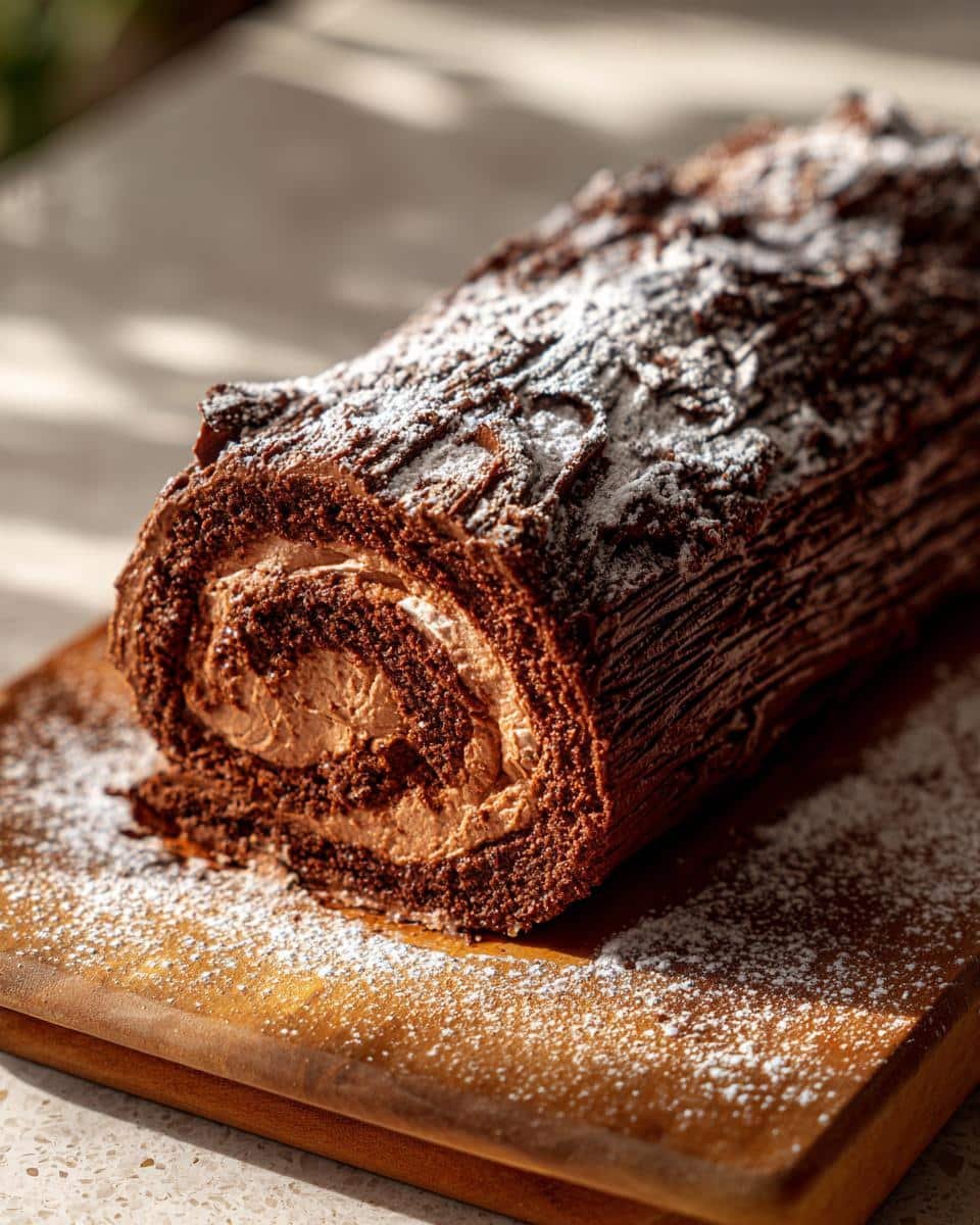A close-up of a chocolate Yule Log Cake dusted with powdered sugar, revealing its creamy chocolate filling.