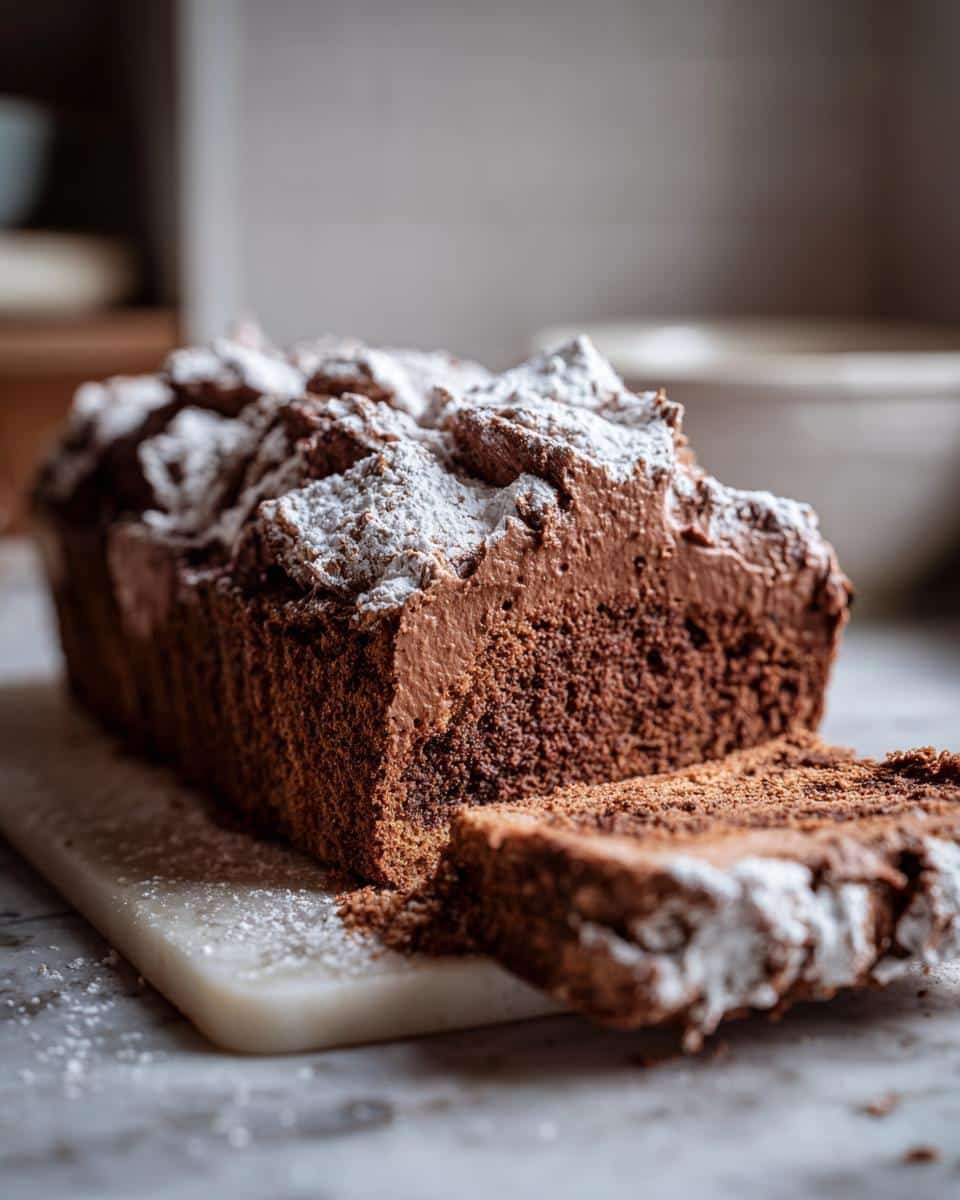 A slice of rich chocolate Yule Log Cake, dusted with powdered sugar, on a marble board.