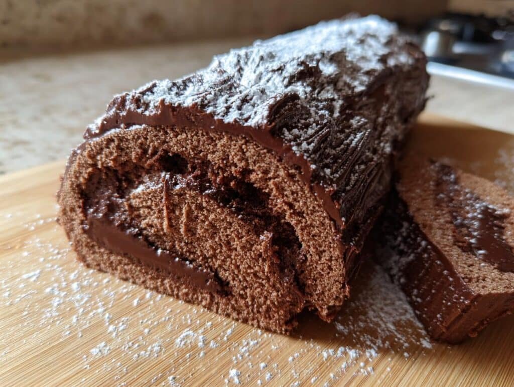 A close-up of a rich chocolate Yule Log Cake, dusted with powdered sugar and drizzled with chocolate ganache.