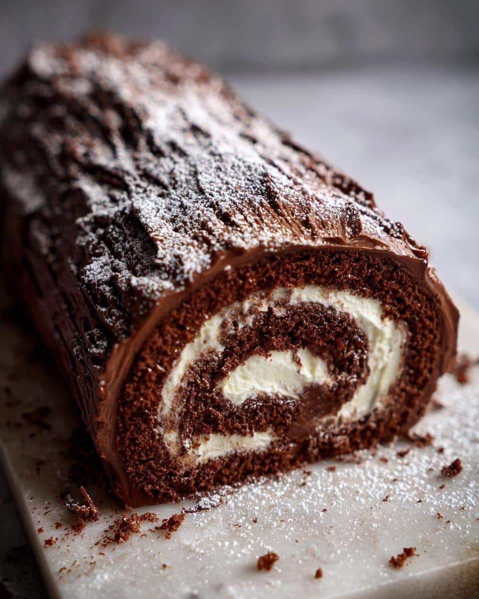 A close-up of a chocolate Yule Log Cake, dusted with powdered sugar, revealing a swirl of cream filling.