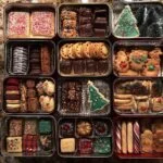 Overhead view of multiple Christmas cookie tins filled with a variety of festive holiday cookies.