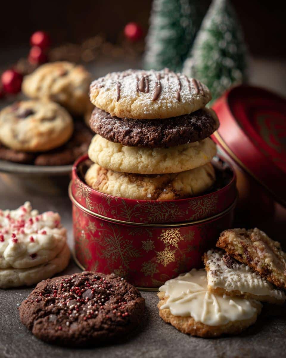 A festive arrangement of Christmas cookies, some stacked in a red tin decorated with gold snowflakes.