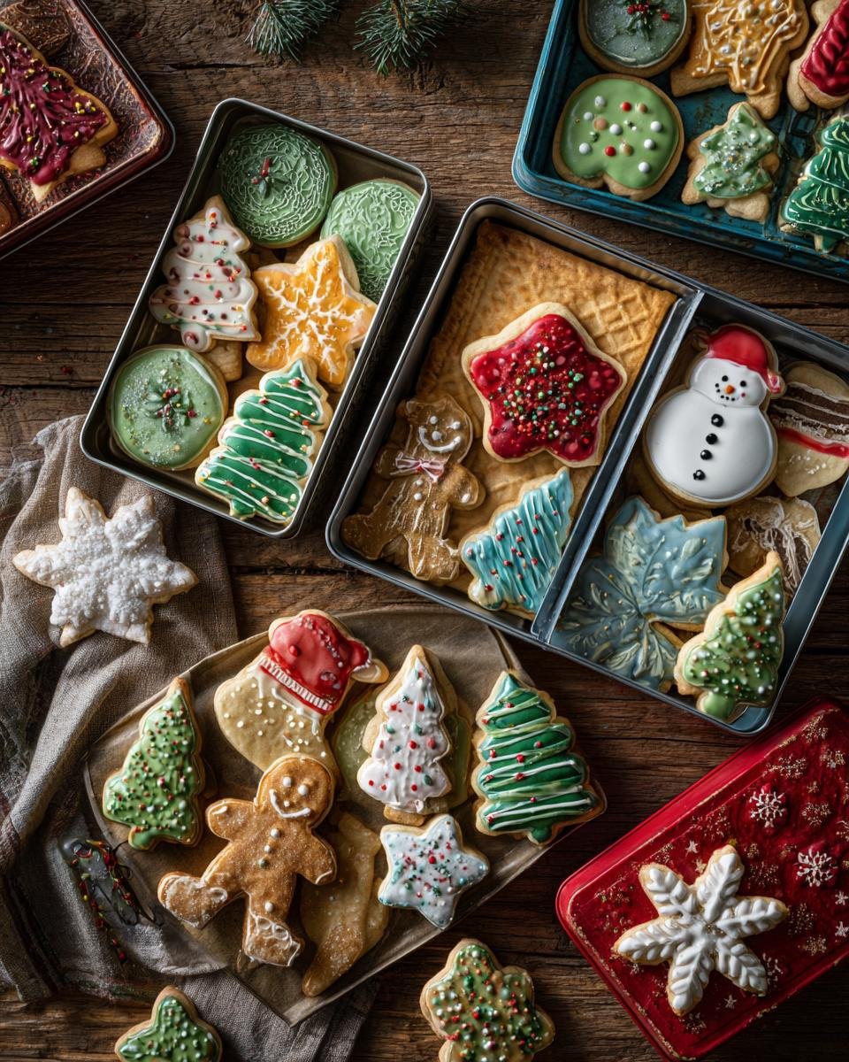 A festive collection of Christmas cookie tins filled with decorated sugar cookies in various shapes like trees, stars, and snowmen.