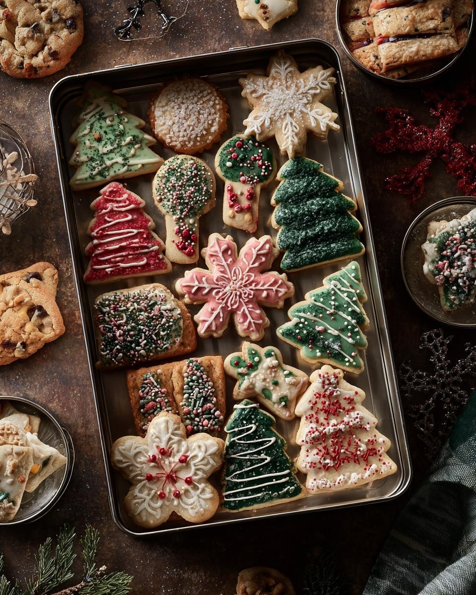 An overhead view of a metal tin filled with a variety of beautifully decorated Christmas cookie tins, including trees, snowflakes, and gingerbread figures.