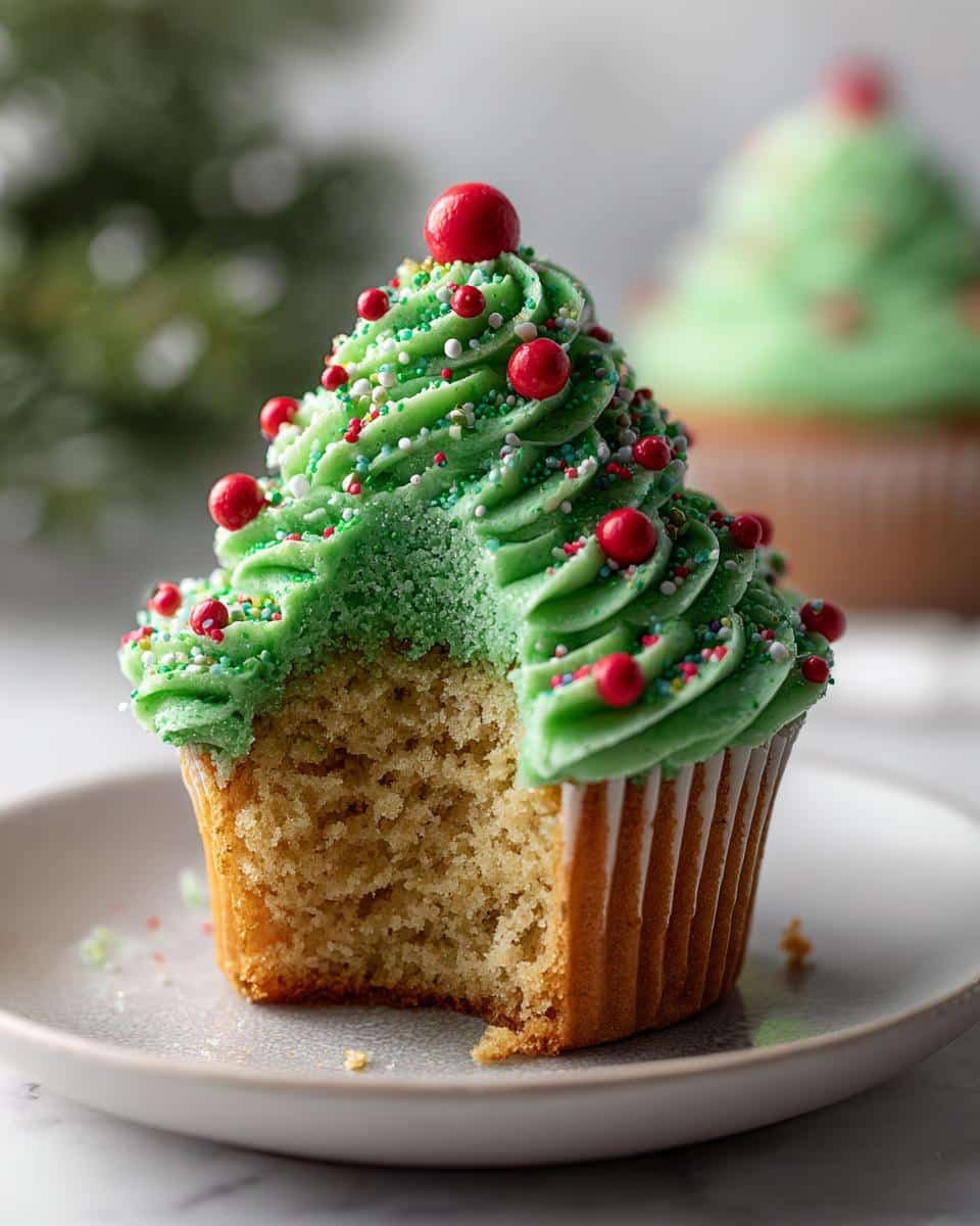A festive Christmas Tree Cupcake with green frosting piped to resemble a tree, decorated with red ball sprinkles and colorful jimmies.