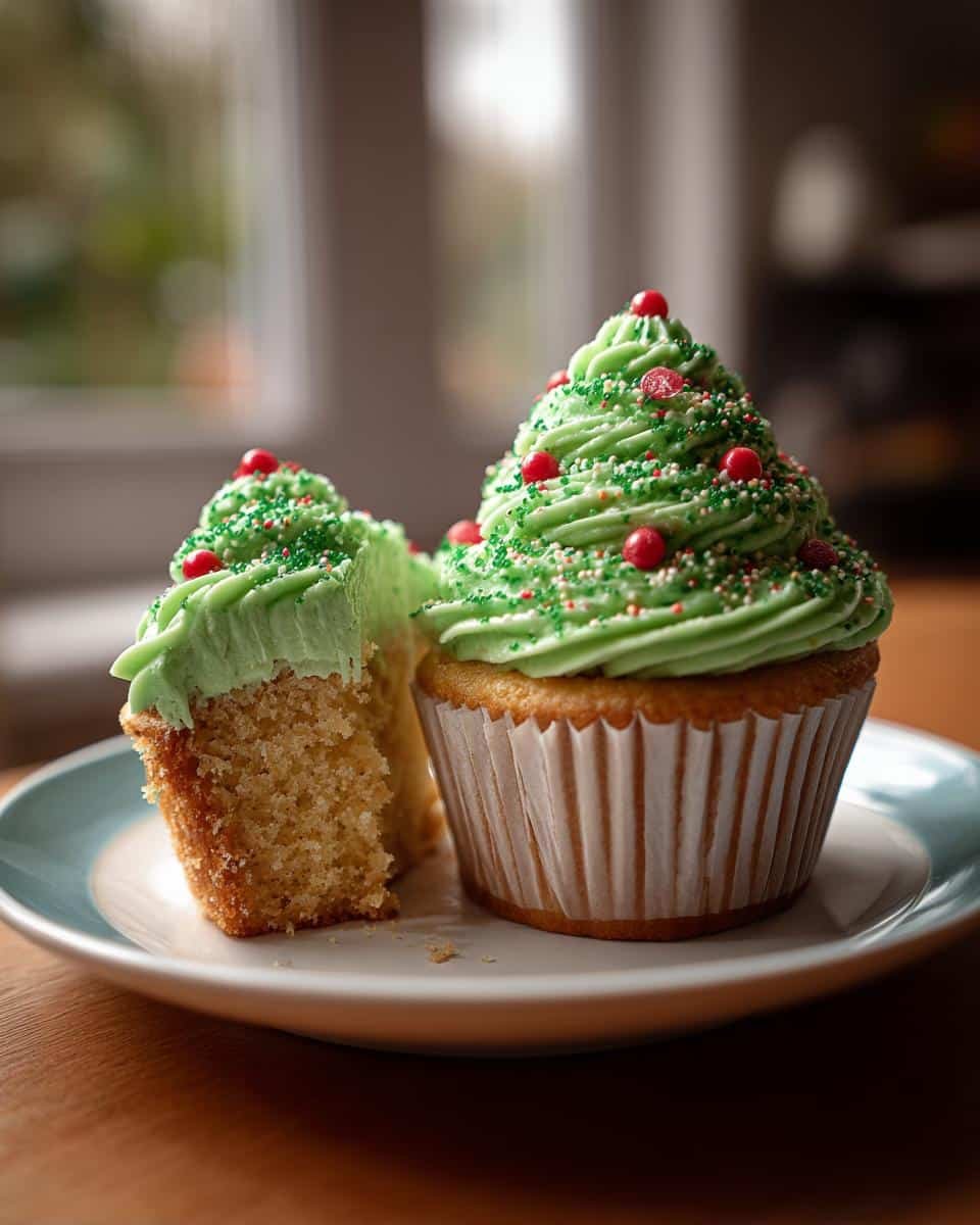 Two Christmas Tree Cupcakes, one whole and one cut in half, decorated with green frosting and festive sprinkles.