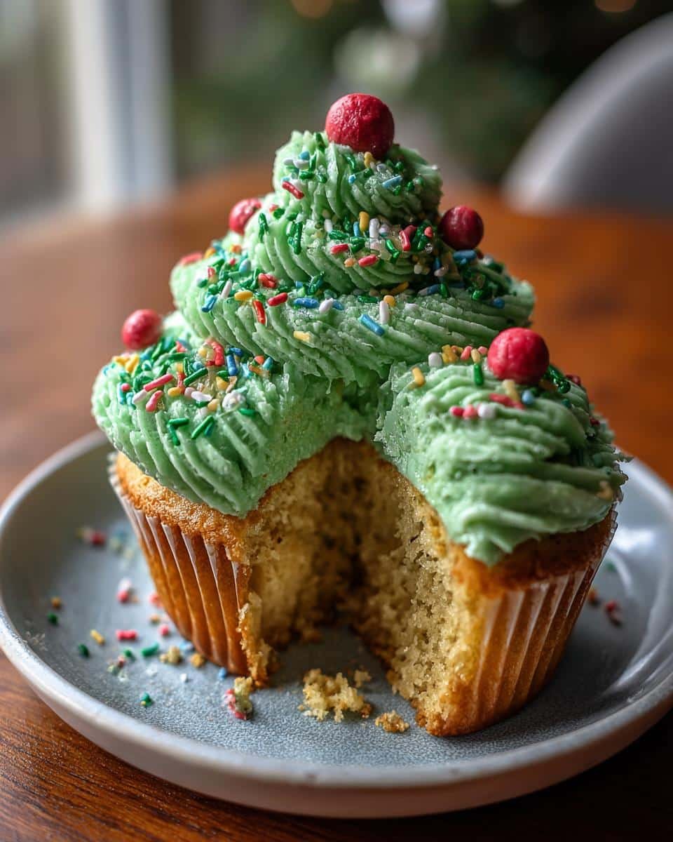 A festive Christmas Tree Cupcake with green frosting, colorful sprinkles, and red candy ornaments, with a bite taken out.