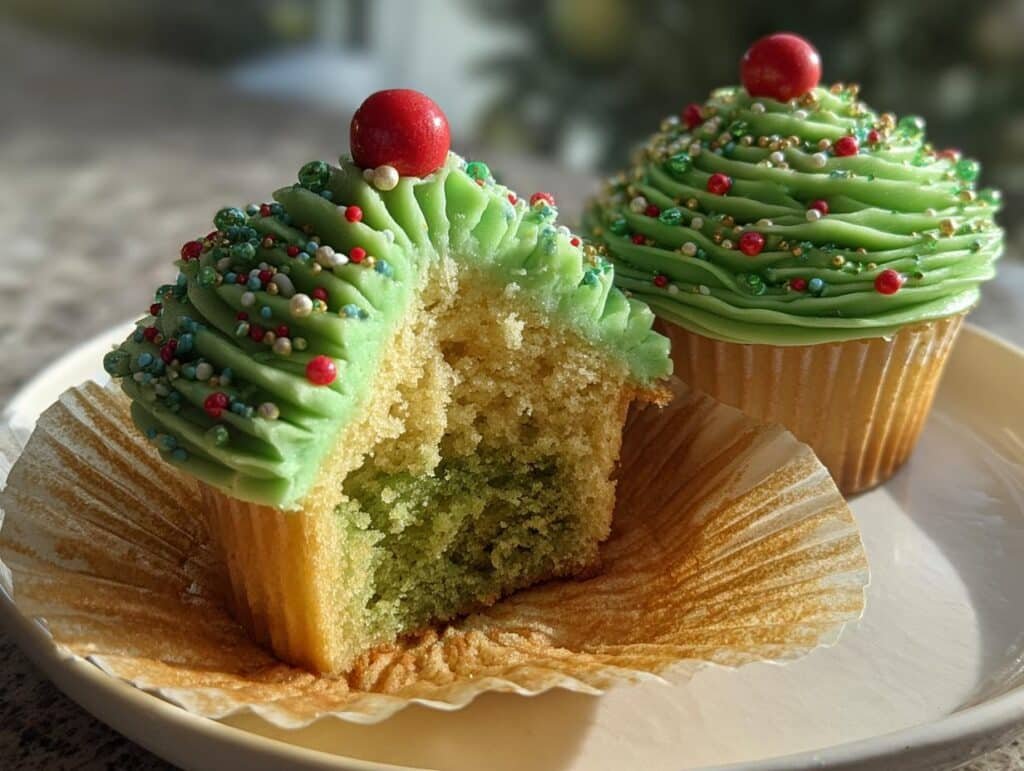 Two Christmas Tree Cupcakes, one with a bite taken out, decorated with green frosting and festive sprinkles.