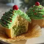 Two Christmas Tree Cupcakes, one with a bite taken out, decorated with green frosting and festive sprinkles.