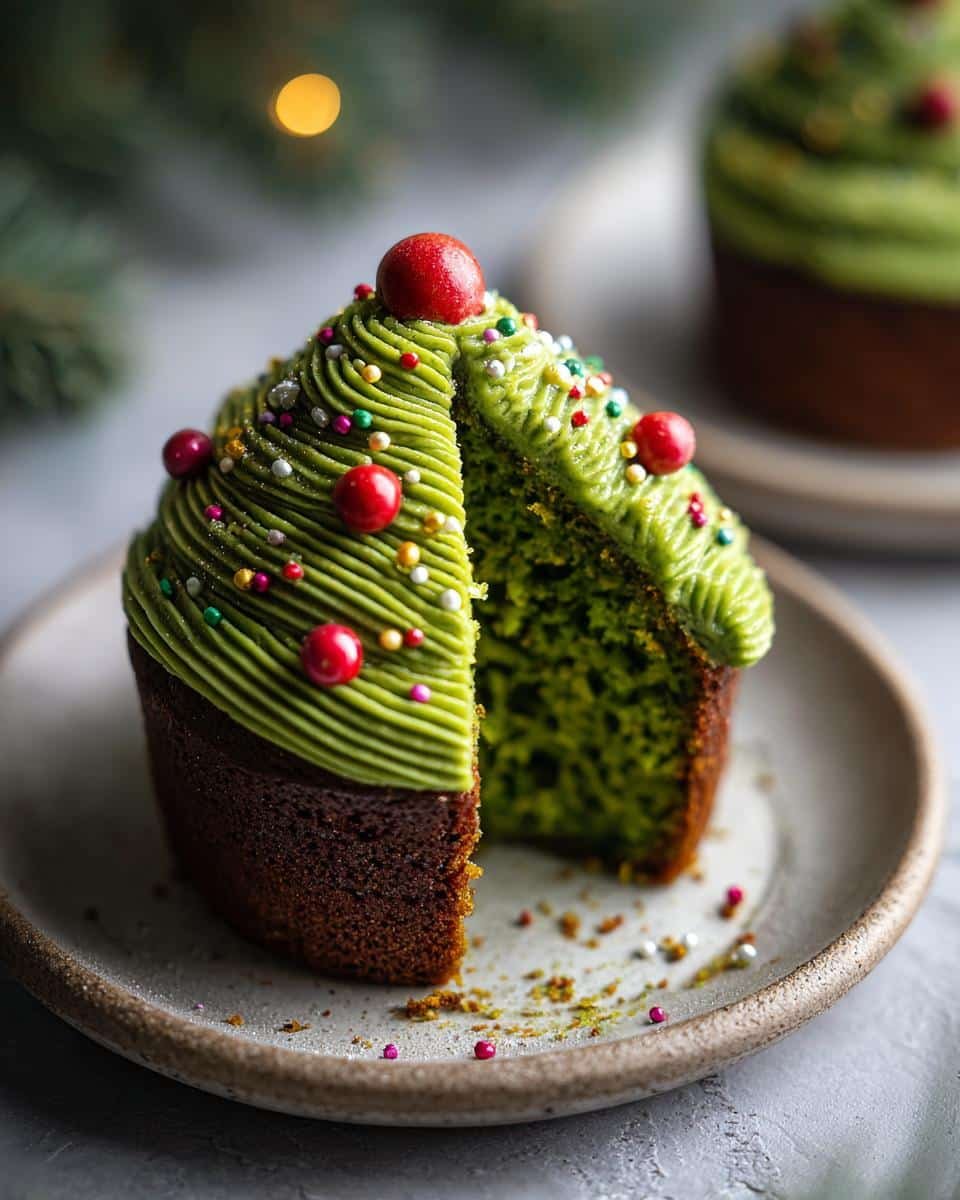 A slice of a Christmas Tree Cupcake, featuring green frosting piped like a tree, decorated with red baubles and sprinkles.