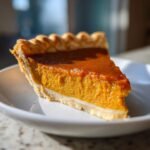A perfect slice of Classic Pumpkin Pie on a white plate, showcasing its rich orange filling and flaky crust.