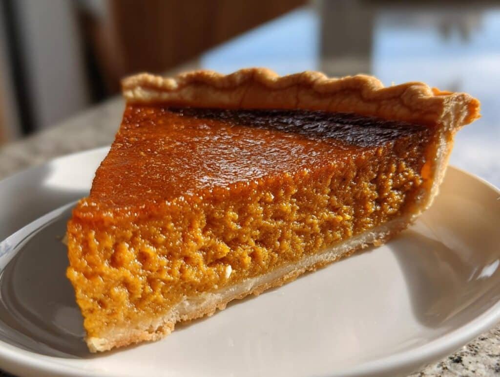 A slice of Classic Pumpkin Pie on a white plate, showing the rich orange filling and golden crust.