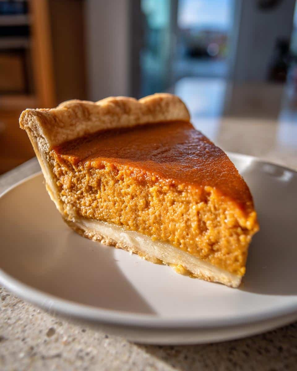 Classic Pumpkin Pie: 1 Amazing Recipe 9 A perfect slice of Classic Pumpkin Pie on a white plate, showcasing its flaky crust and smooth filling.
