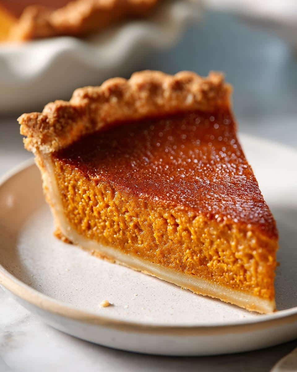 Classic Pumpkin Pie: 1 Amazing Recipe 6 A perfect slice of Classic Pumpkin Pie on a rustic plate, showcasing its smooth filling and golden crust.