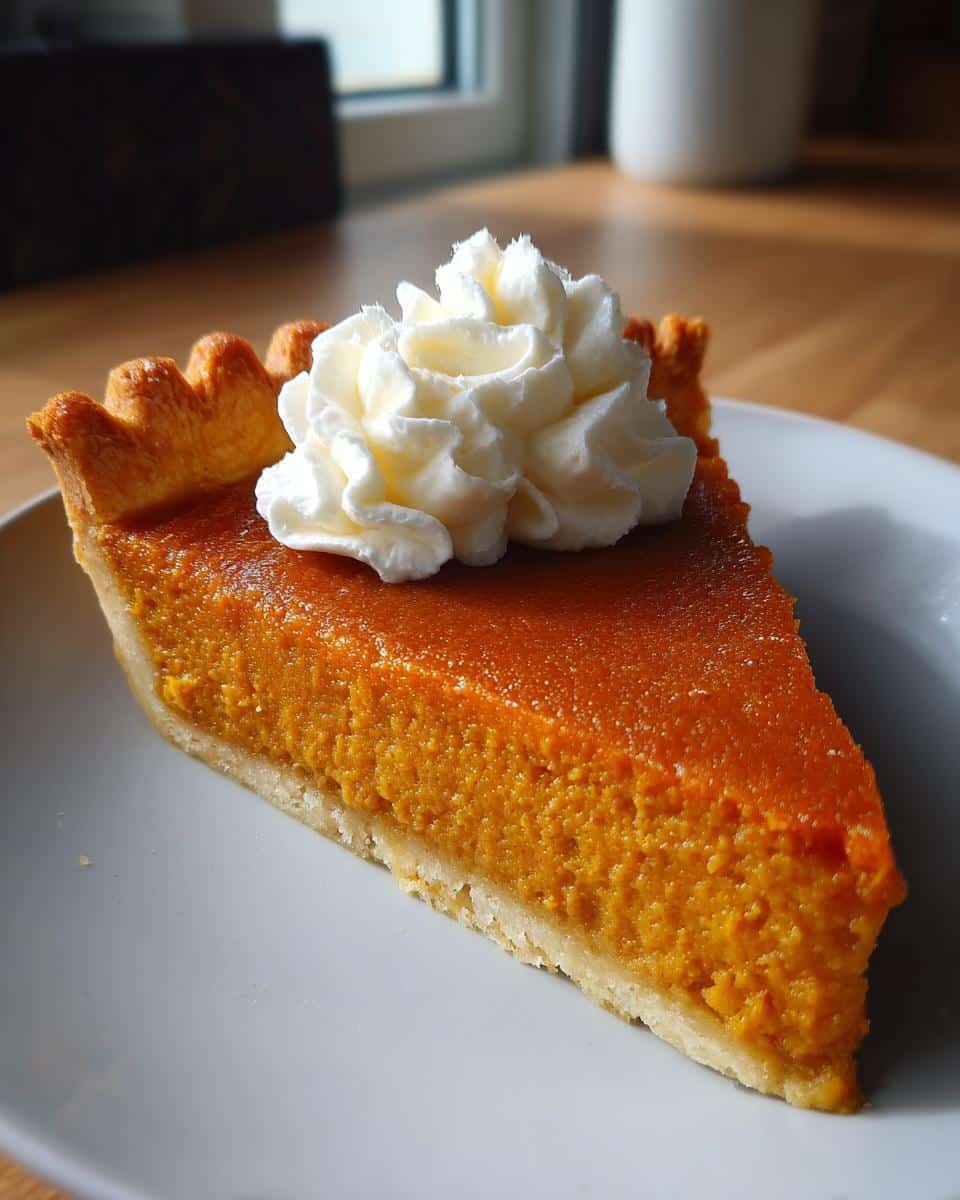 Classic Pumpkin Pie: 1 Amazing Recipe 8 A perfect slice of Classic Pumpkin Pie topped with a swirl of whipped cream, on a white plate.