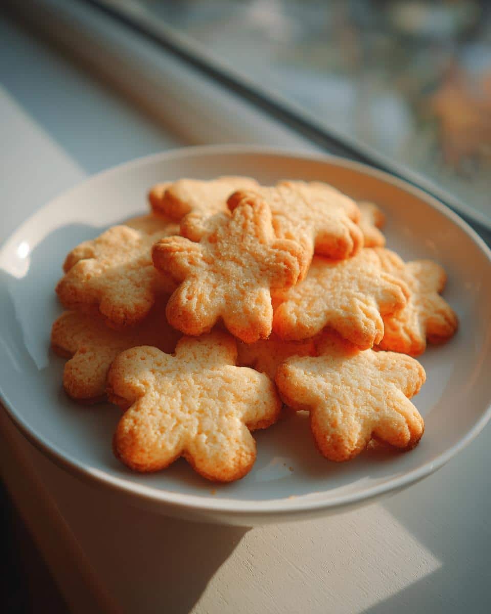 Perfect Classic Sugar Cookies: 120 Calorie Treat 8 A pile of golden-brown Classic Sugar Cookies, shaped like flowers, on a white plate.