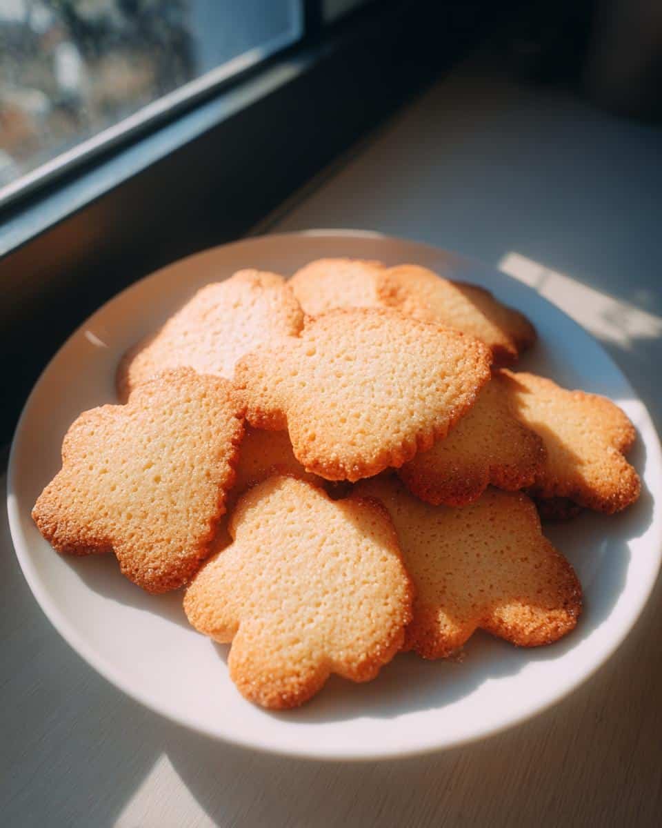 Perfect Classic Sugar Cookies: 120 Calorie Treat 7 A pile of golden-brown classic sugar cookies in a flower-like shape on a white plate, bathed in sunlight.