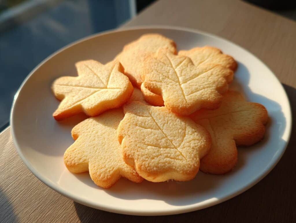 A plate of golden brown Classic Sugar Cookies, shaped like maple leaves with detailed vein imprints.