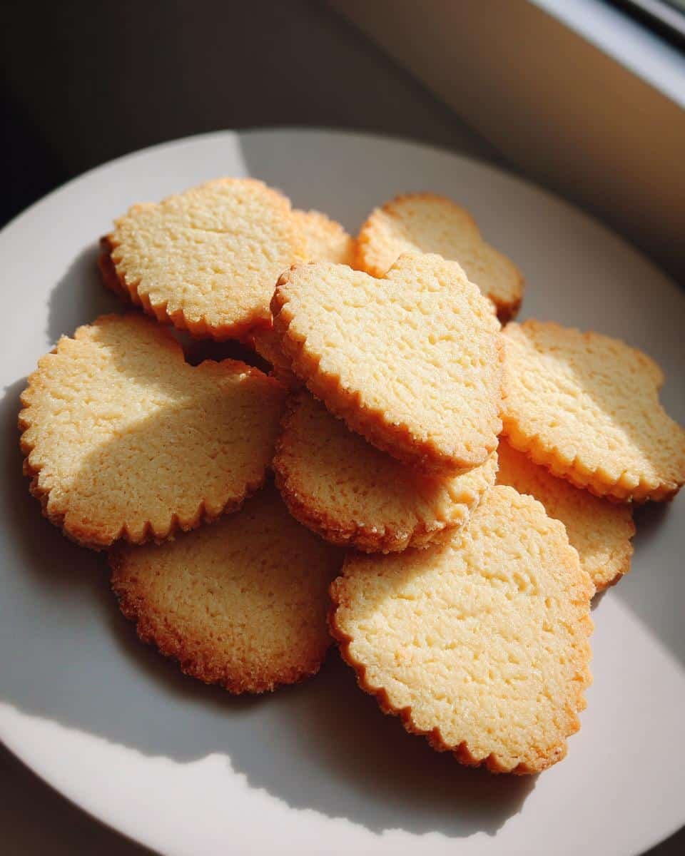 Perfect Classic Sugar Cookies: 120 Calorie Treat 6 A close-up of a pile of golden-brown Classic Sugar Cookies with scalloped edges on a white plate.