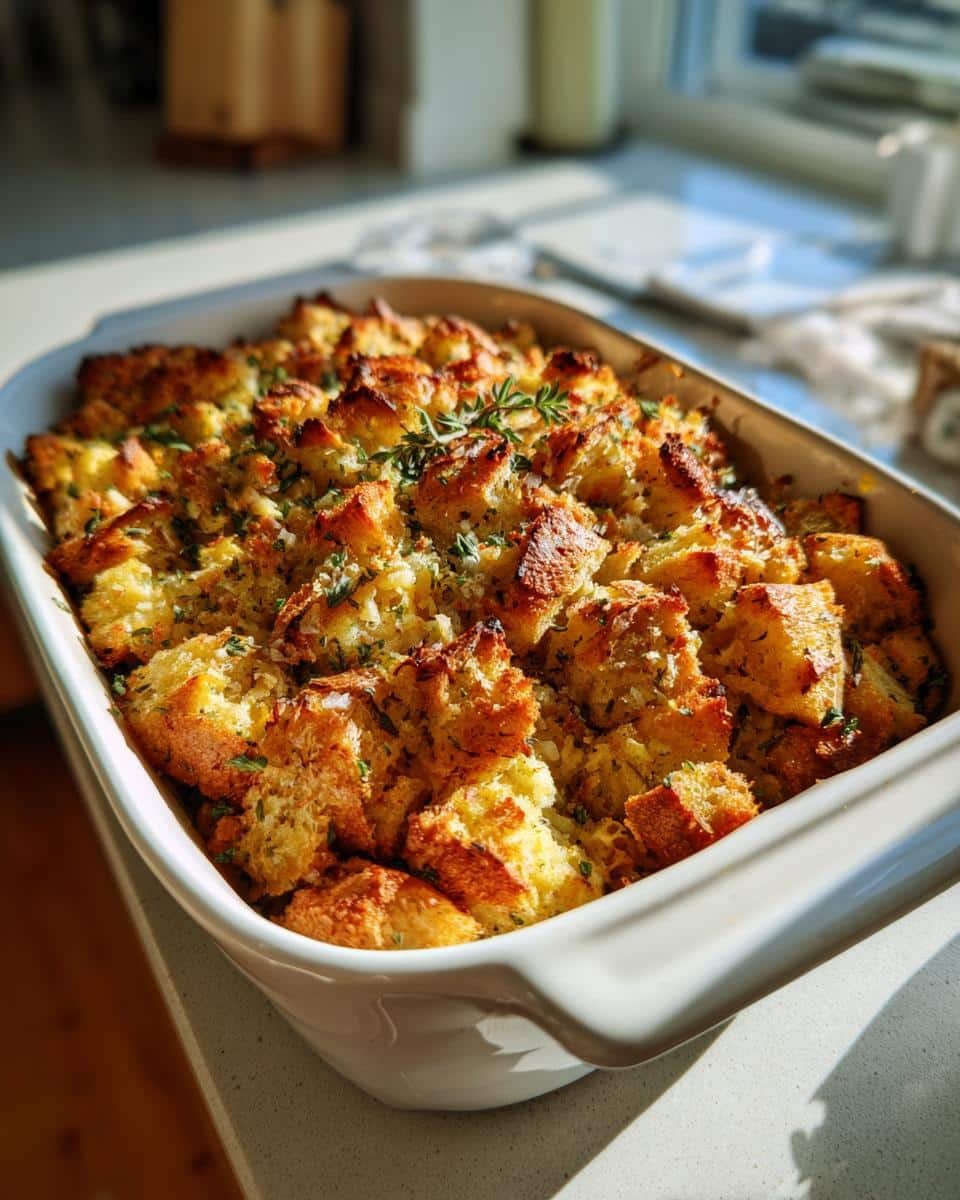 A close-up of golden brown cornbread stuffing baked in a white dish, garnished with fresh herbs.