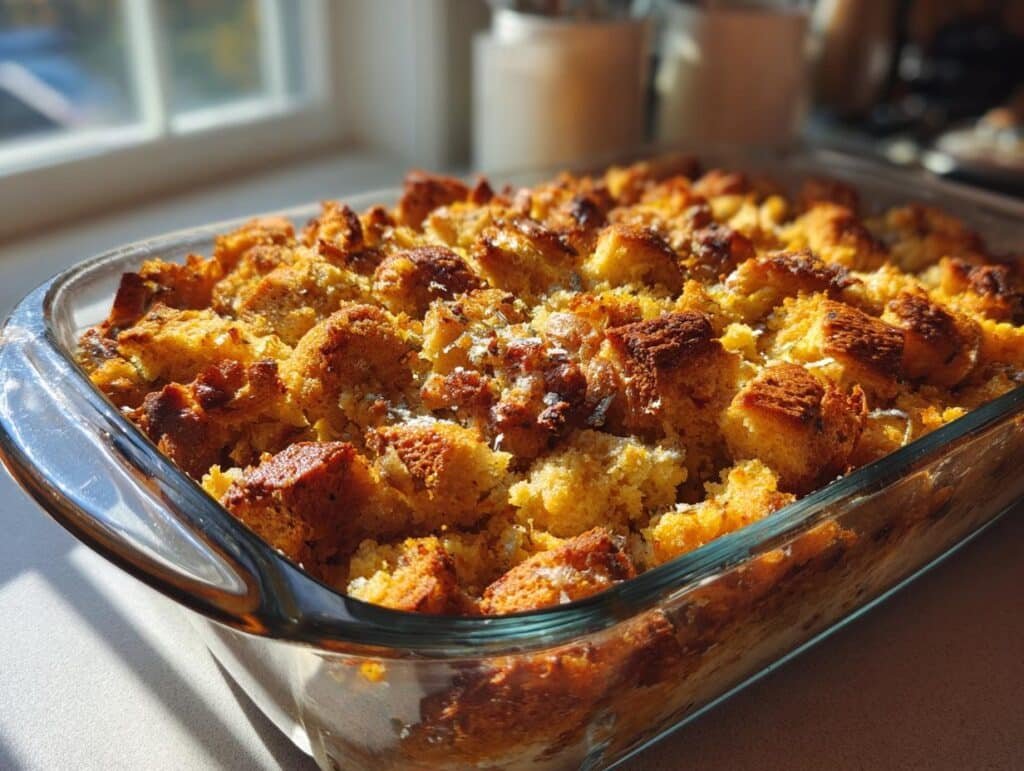 A close-up of golden brown cornbread stuffing baked in a glass dish, ready to serve.