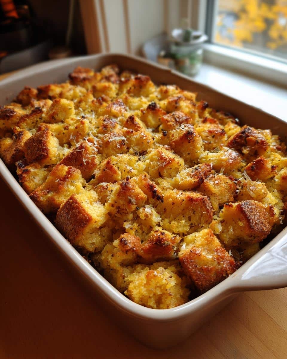 A close-up of golden brown cornbread stuffing baked in a casserole dish, sprinkled with herbs.