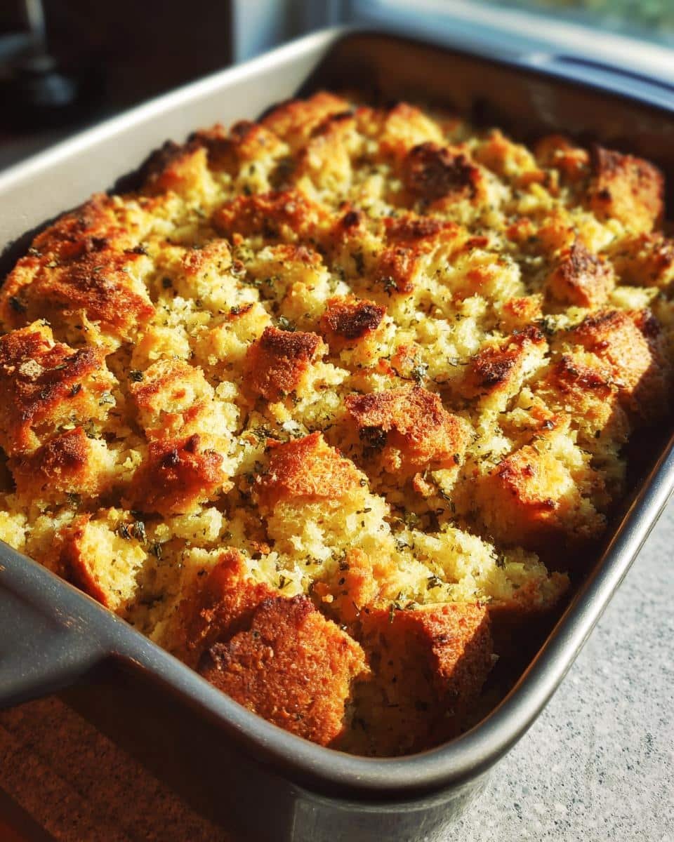 Close-up of freshly baked cornbread stuffing in a baking dish, golden brown with herbs.