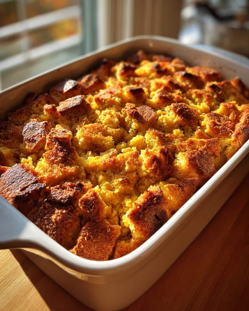 A white baking dish filled with golden brown cornbread stuffing, ready to serve.