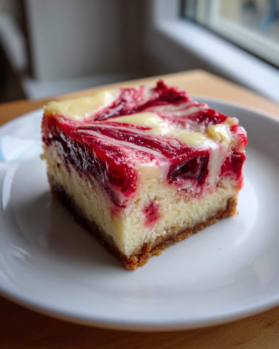Amazing Cranberry Bliss Bars: 100% Holiday Joy 8 A delicious slice of Cranberry Bliss Bars with swirls of cranberry and creamy white topping on a white plate.
