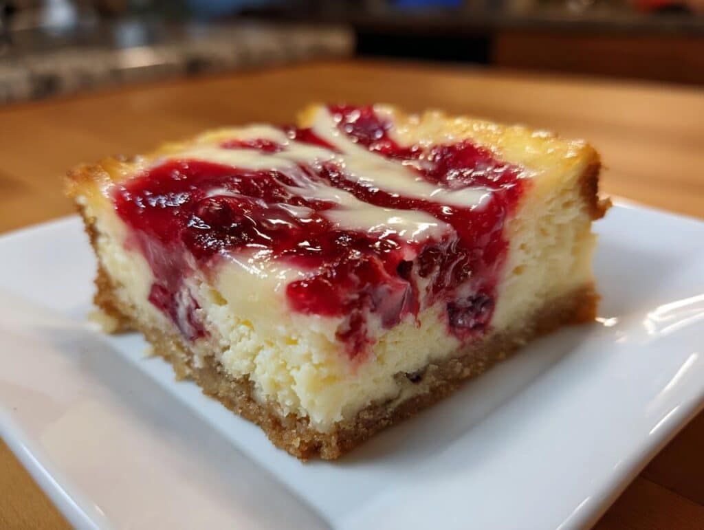 A close-up of a slice of Cranberry Bliss Bar on a white plate, showing the creamy cheesecake layer and tart cranberry swirl.
