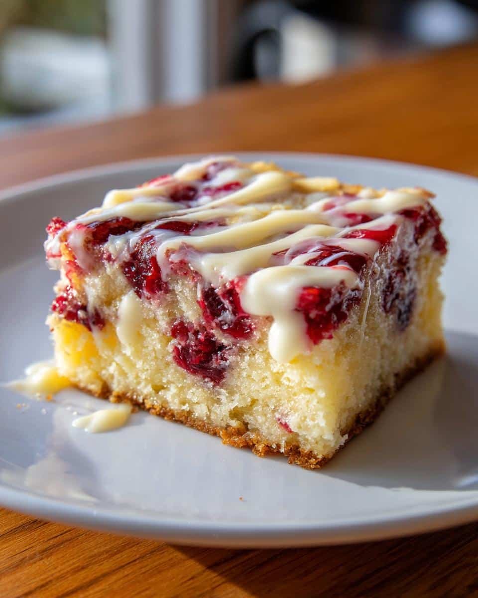 Amazing Cranberry Bliss Bars: 100% Holiday Joy 7 A close-up of a single slice of Cranberry Bliss Bars, featuring a moist cake base with visible cranberries and a white chocolate drizzle.