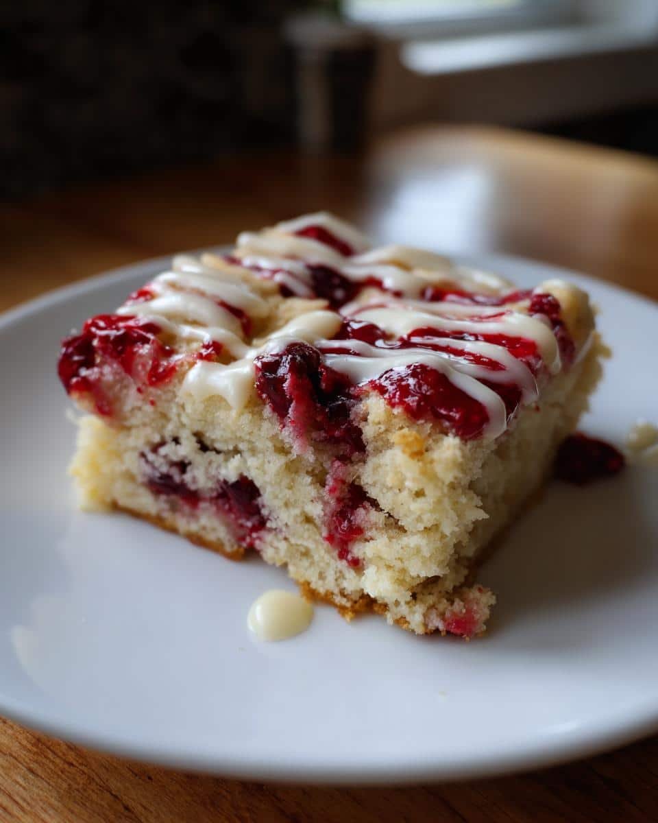 Amazing Cranberry Bliss Bars: 100% Holiday Joy 9 A close-up of a slice of Cranberry Bliss Bars, featuring a cake base with cranberries and a white chocolate drizzle.