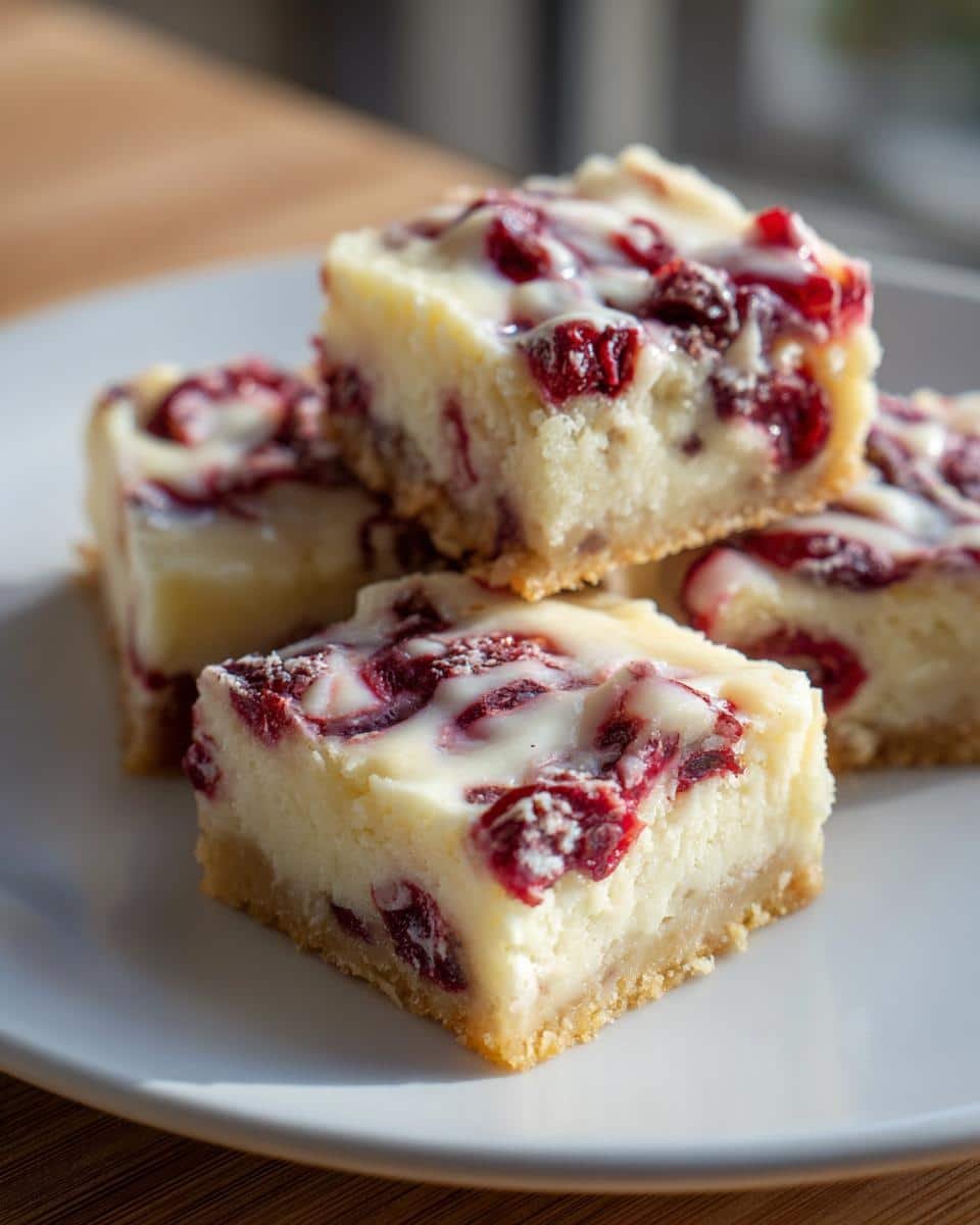 Amazing Cranberry Bliss Bars: 100% Holiday Joy 6 A stack of four delicious Cranberry Bliss Bars with a creamy white topping and visible cranberry swirls.