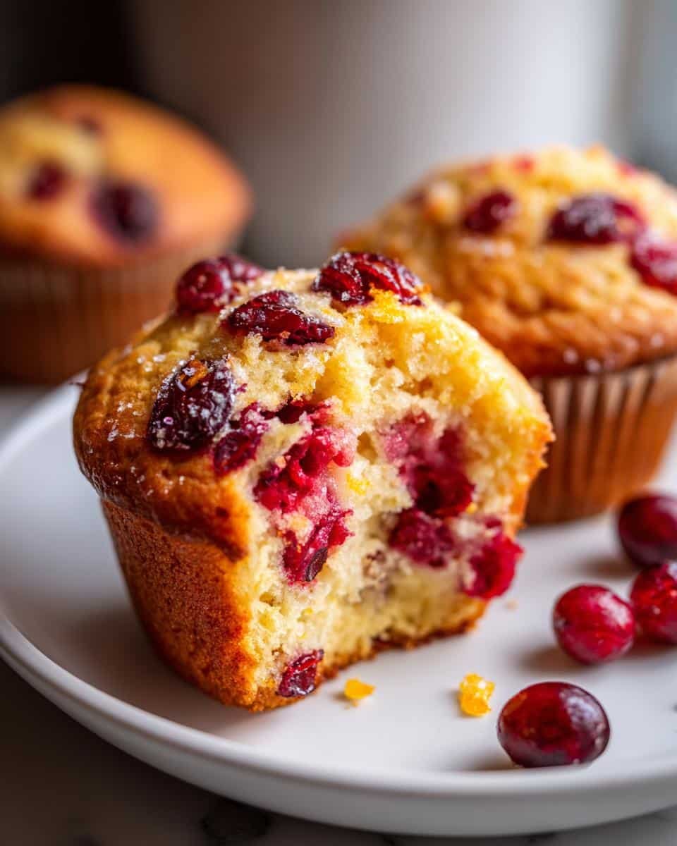 Amazing Cranberry Orange Muffins: 12-Cup Joy 7 Close-up of a Cranberry Orange Muffin with a bite taken out, showing juicy cranberries and orange zest.