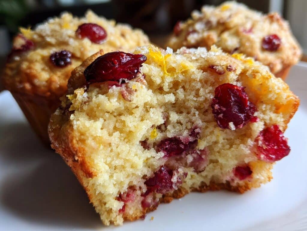 Close-up of a Cranberry Orange Muffin, showing the fluffy interior with cranberries and orange zest.