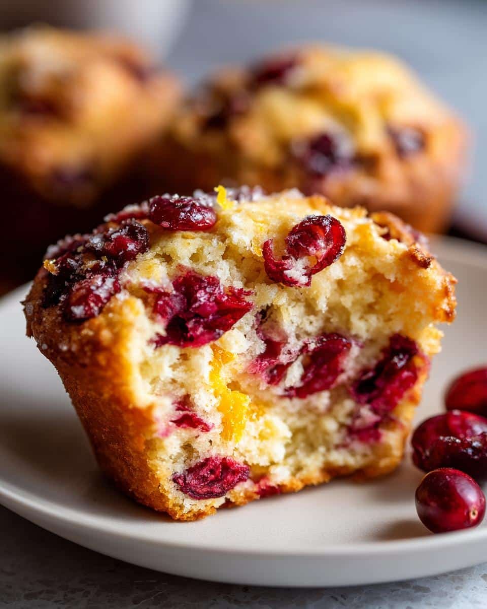 Amazing Cranberry Orange Muffins: 12-Cup Joy 8 A close-up of a Cranberry Orange Muffin, with a bite taken out, showing plump cranberries and orange zest.
