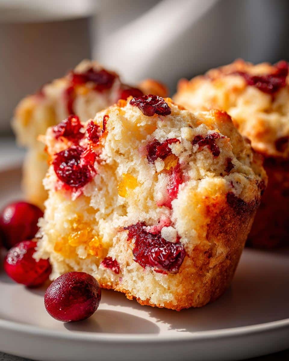 Amazing Cranberry Orange Muffins: 12-Cup Joy 9 Close-up of a Cranberry Orange Muffin, showing its fluffy texture and bursts of cranberries and orange zest.