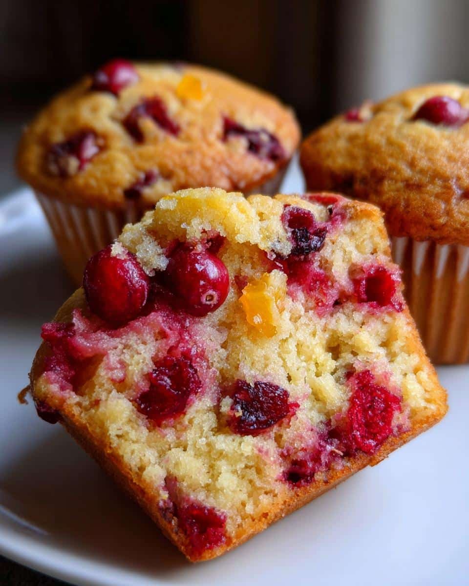 Amazing Cranberry Orange Muffins: 12-Cup Joy 6 A close-up view of a Cranberry Orange Muffin, showing the fluffy interior packed with tart cranberries and bits of orange zest.