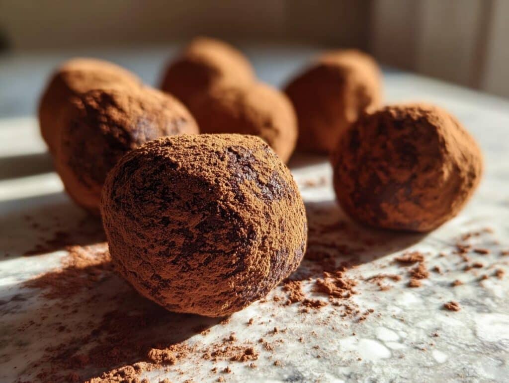Close-up of several easy chocolate truffles generously coated in cocoa powder, with some scattered on a marble surface.