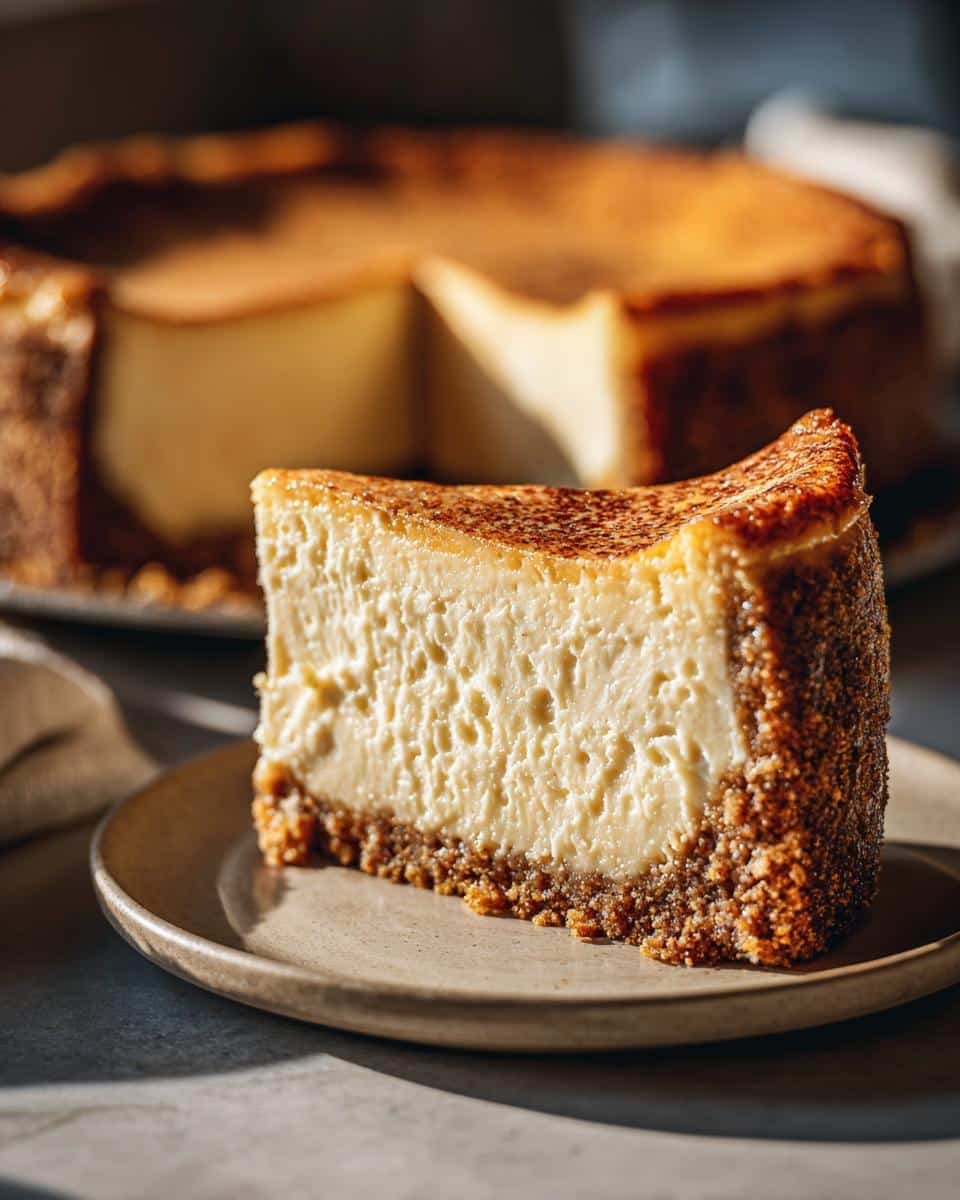 A close-up of a creamy slice of Eggnog Cheesecake on a plate, with the rest of the cheesecake in the background.