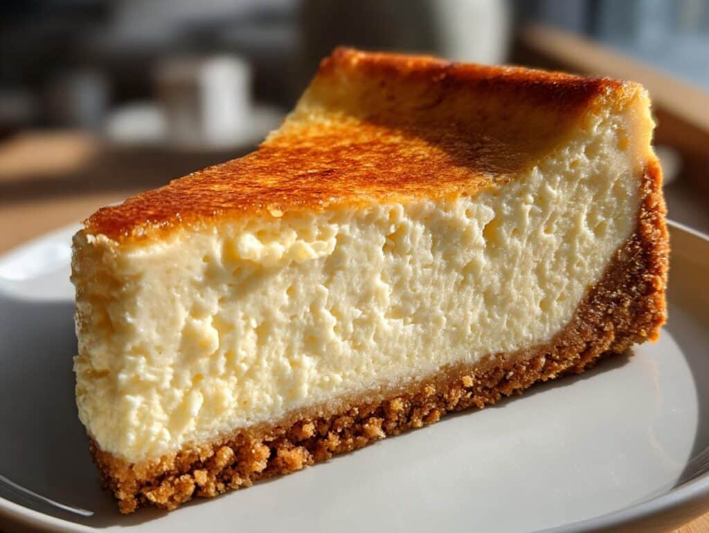 A perfectly baked slice of Eggnog Cheesecake with a golden-brown crust and creamy filling.