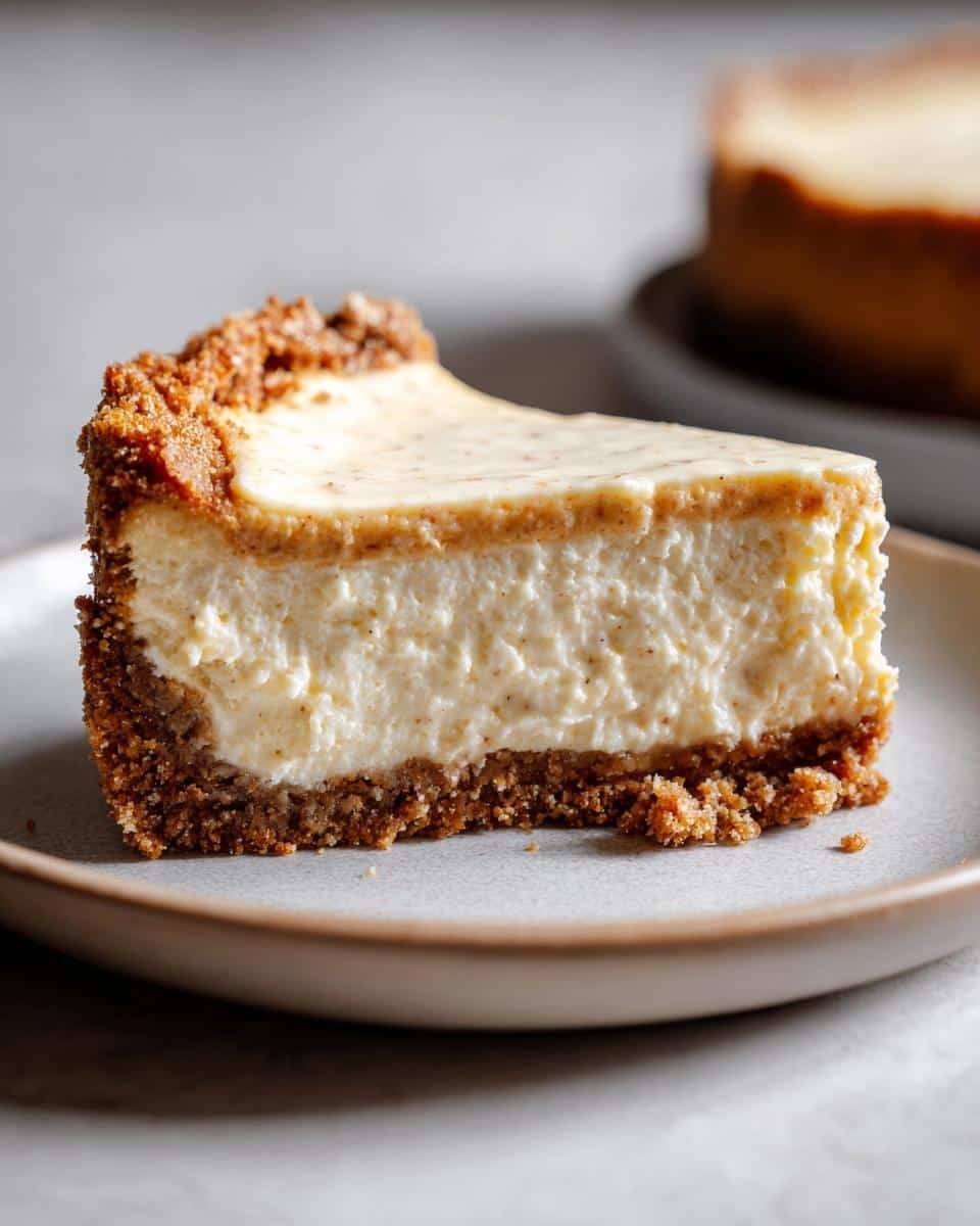 A close-up of a creamy slice of Eggnog Cheesecake with a graham cracker crust on a plate.