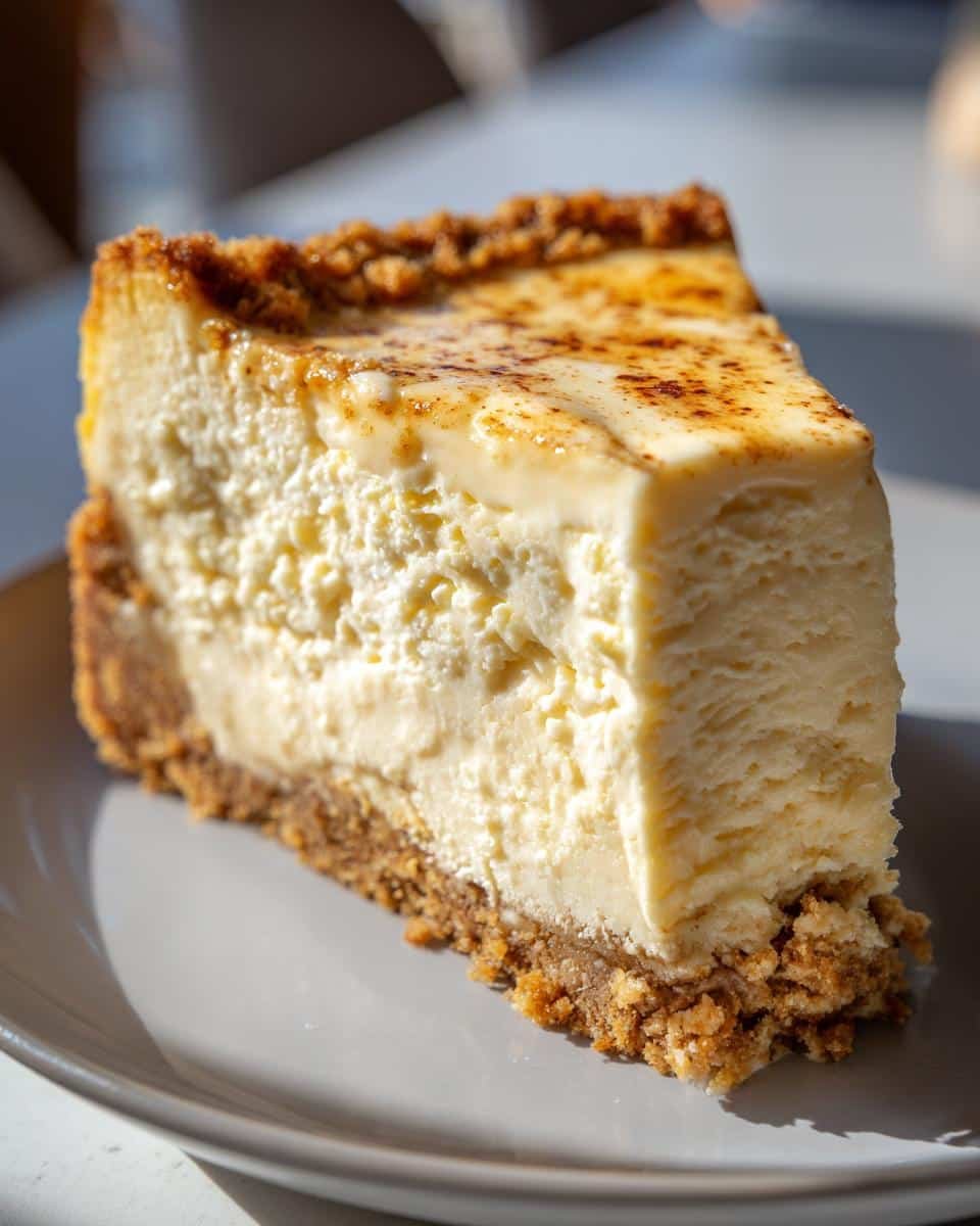 A close-up, perfectly cut slice of creamy Eggnog Cheesecake with a graham cracker crust, topped with a caramelized sugar dusting.