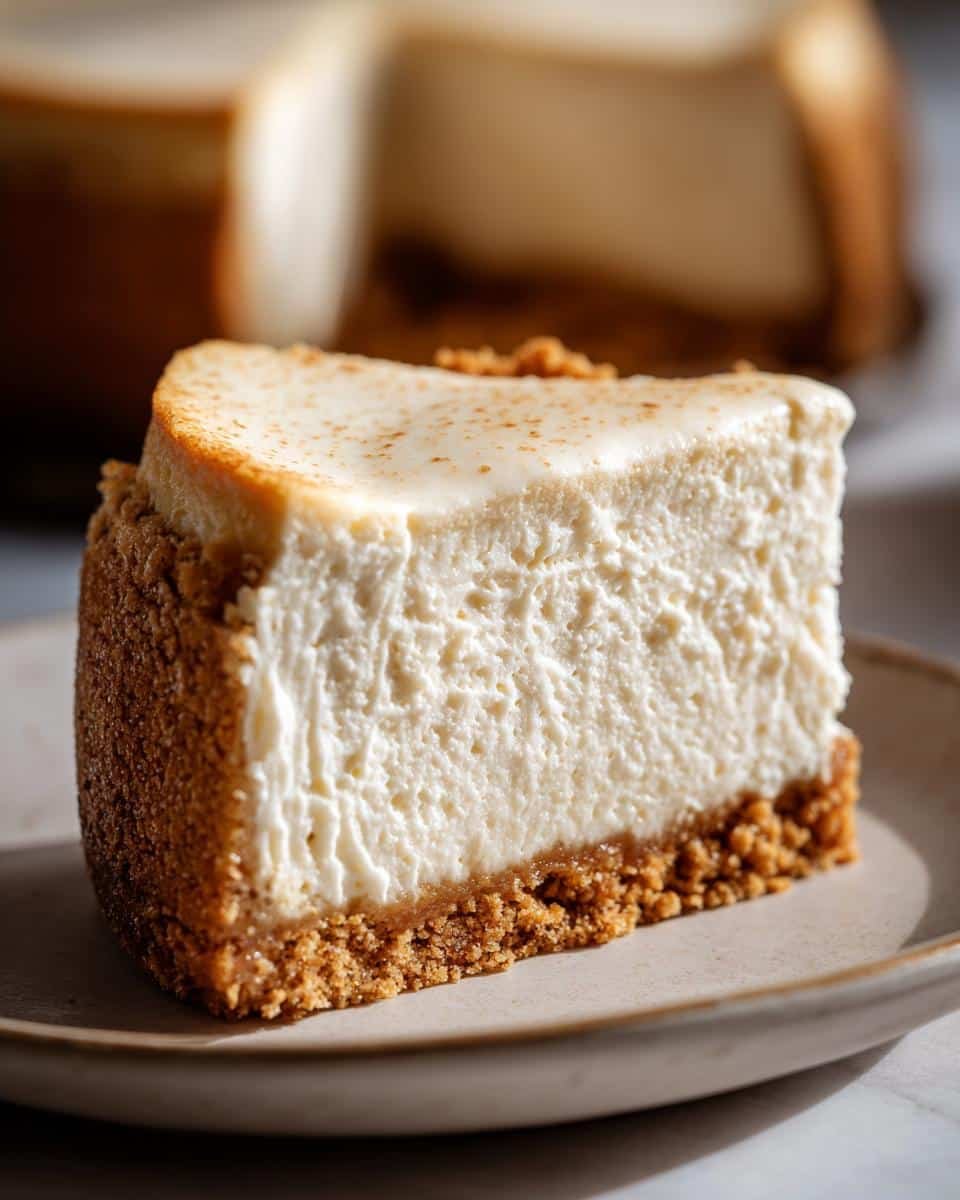 A close-up of a slice of rich and creamy Eggnog Cheesecake on a plate, with a graham cracker crust.