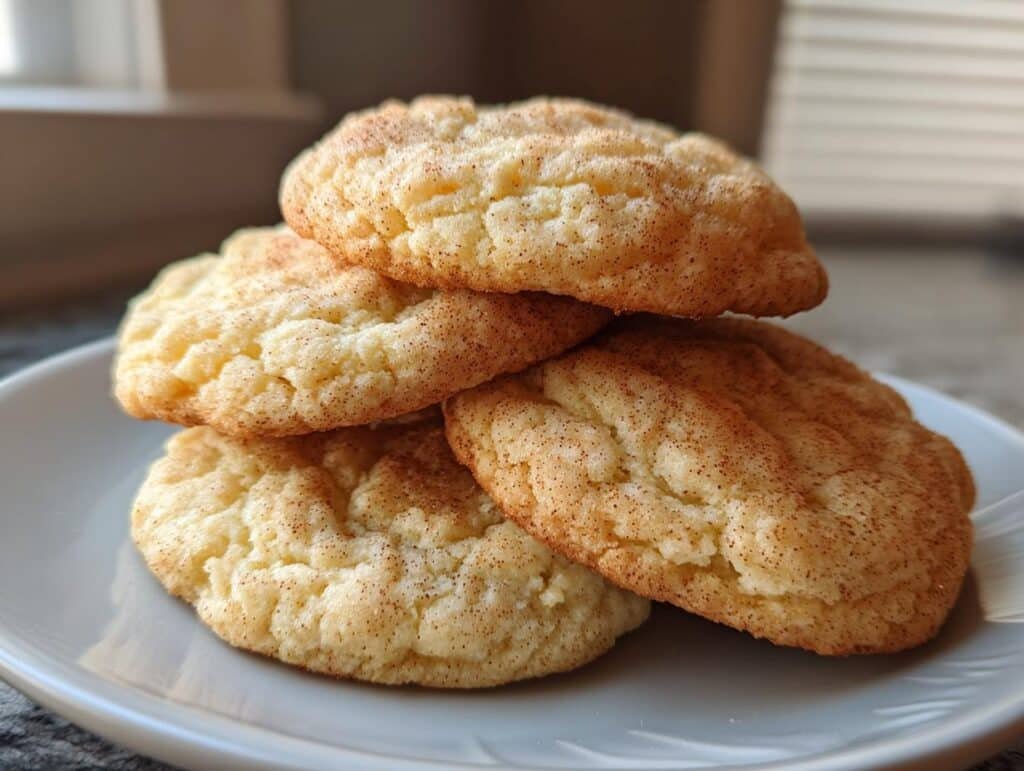 A stack of four chewy Eggnog Cookies, dusted with cinnamon sugar, on a grey plate.