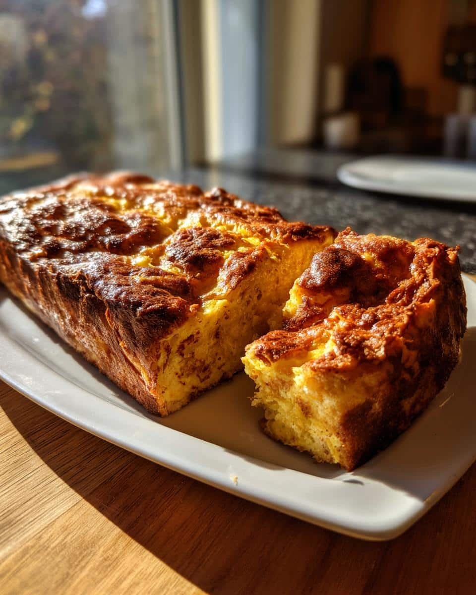A golden-brown Eggnog French Toast Bake loaf, sliced and served on a white platter, with sunlight streaming in.